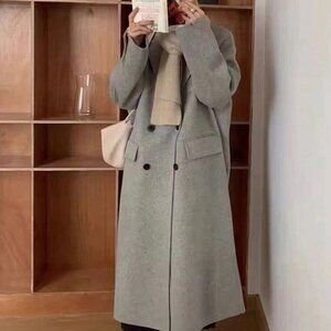 Grey Casual Women's Dropped Shoulder Wool Blend Double-Breasted Coat
